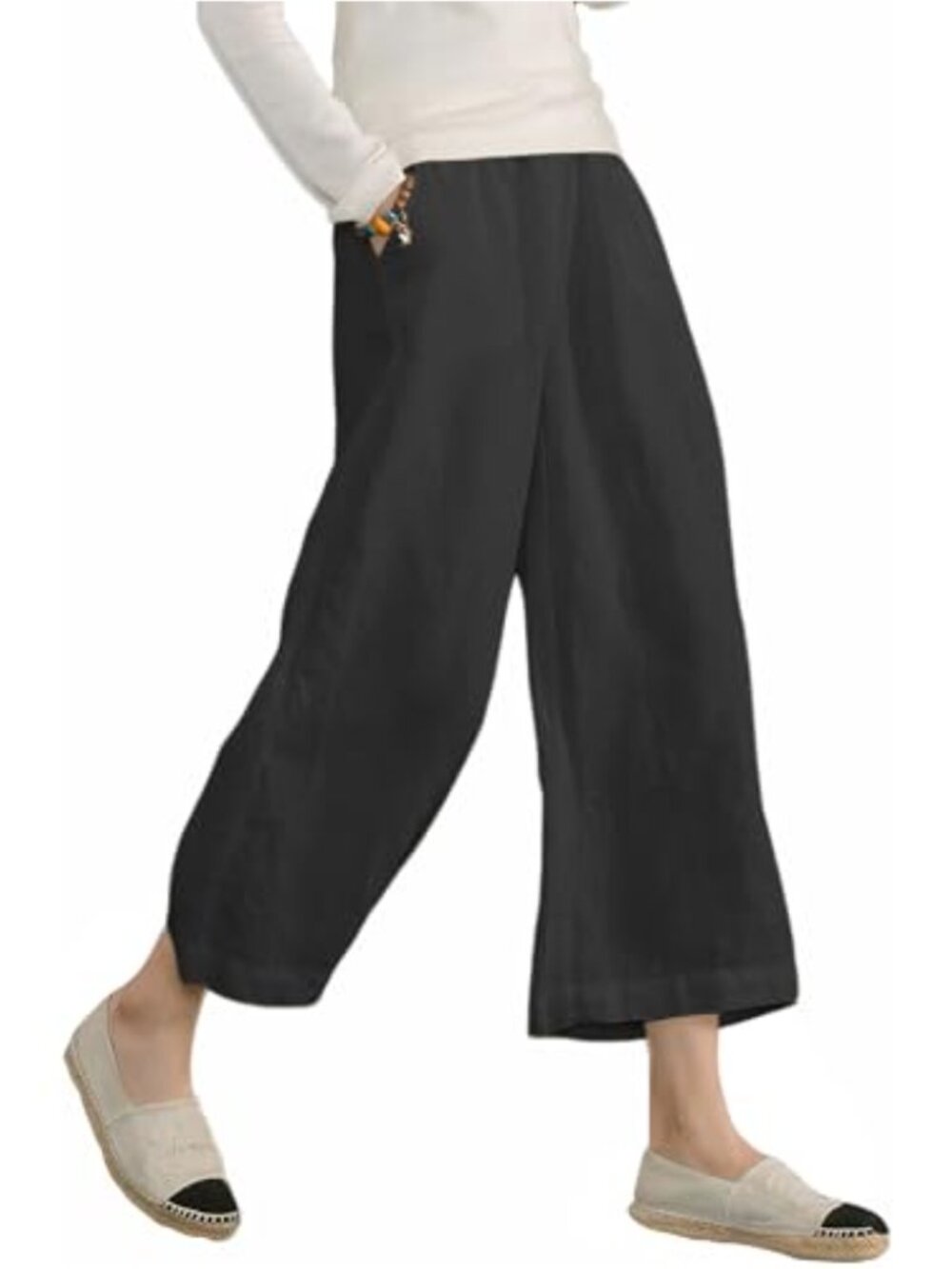 Cotton Cropped Wide Leg Capris High Waist Pull On Lounge Pants with Pockets